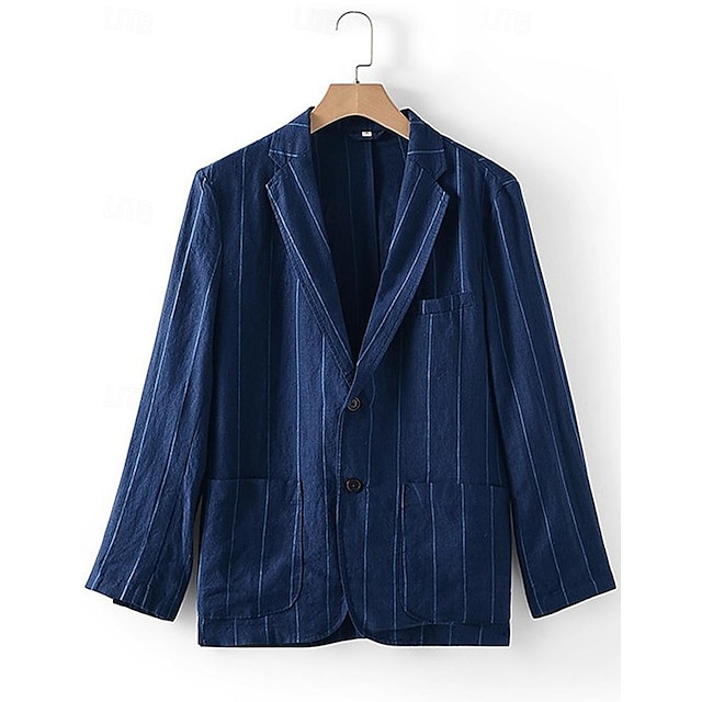  100% Lin Homme Blazer en lin blazer Entreprise robe ceremonie Fête de Mariage Mode Décontractées Printemps & Automne Rayure Poche Décontracté / Quotidien Boutonnage Simple veste Blanche bleu marine