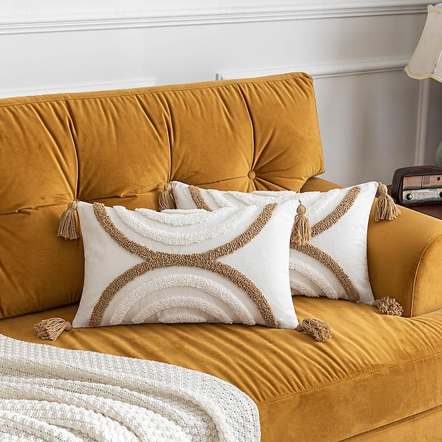 Boho Tufted Decorative Toss Pillow Cover Cotton Brown Tassel for Home Bedroom Livingroom