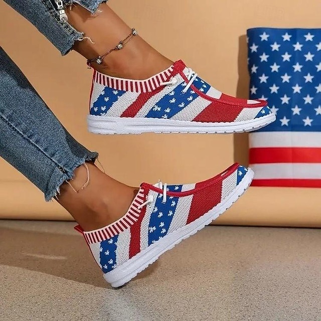  Women's Sneakers Flats Slip-Ons Plus Size Flyknit Shoes Daily American Flag Flat Heel Round Toe Casual Preppy Walking Cloth Loafer Red
