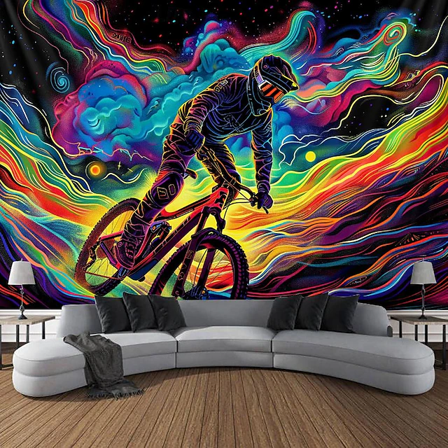 Blacklight Tapestry UV Reactive Glow in the Dark Glow Party Neon Cyclist Psychedelic Trippy Misty Hanging Tapestry Wall Art Mural for Living 17