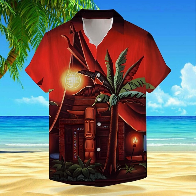  Tropicale Maschera Festività Hawaiano Per uomo Camicia Esterno Hawaiano Per eventi Estate Collo ripiegabile Manica corta Rosso Arancione S M L Camicia