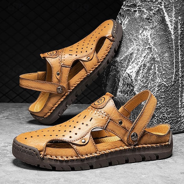 Men's Leather Sandals Handmade Shoes Closed Toe Sandals Walking Casual Daily Beach Comfortable Slip-on Black Yellow Khaki Spring Fall 42