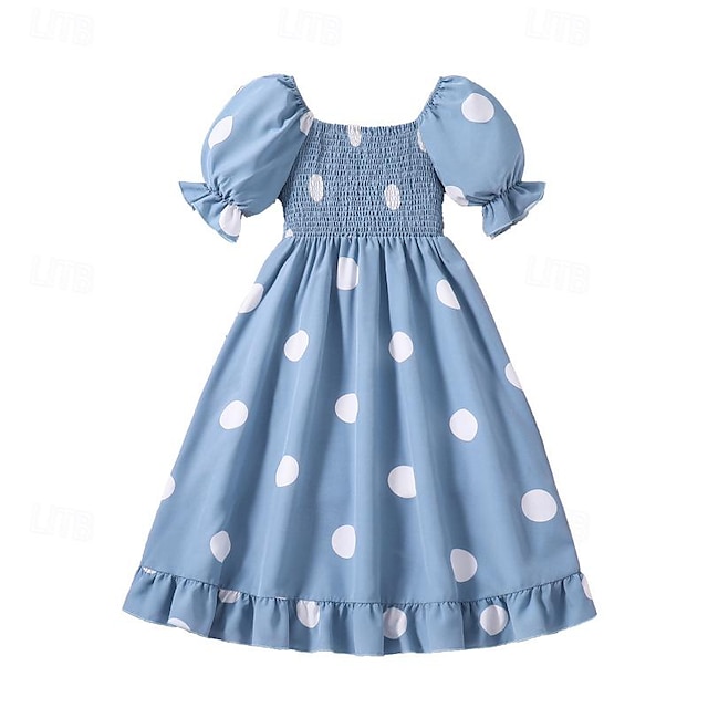  Детское повседневное платье для девочек, одежда, летняя детская мода, синее длинное платье принцессы в горошек с короткими рукавами