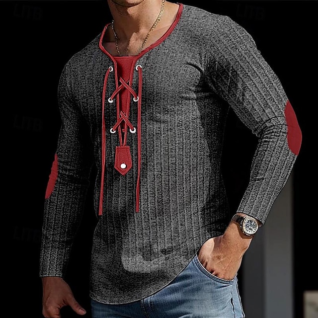 Herren T Shirt Muskelshirt Geripptes Strick-T-Shirt T-Shirt Langarm Kragen Frühling & Herbst Farbblock Mode Designer Basic Kordelzug Patchwork Urlaub Straße Ausgehen Dunkelgrau Weiß Schwarz Top