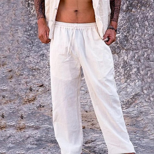  Bărbați Pantaloni de in Pantaloni Pantaloni de vară Pantaloni de plajă Buzunar Cordon Talie elastică Simplu Confort Respirabil Zilnic Concediu Vacanță In Hawaiană Boho Negru Alb
