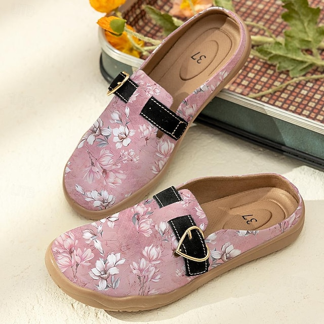  Women's Flats Slippers Slip-Ons Print Shoes Canvas Shoes Daily Vacation Travel Floral Buckle Flat Heel Round Toe Vacation Casual Comfort Canvas Loafer Buckle Pink Blue Purple