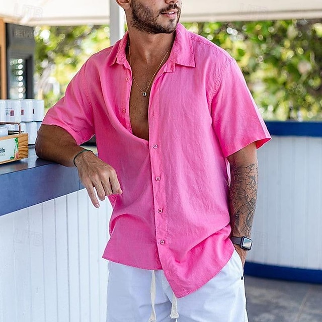  Pánské Košile Košile na knoflíky Košile pro volný čas Letní košile Plážová košile Světlá růžová Krátký rukáv Bez vzoru Klopa Havajské Dovolená Oblečení 100% bavlna Módní Na běžné nošení Pohodlné