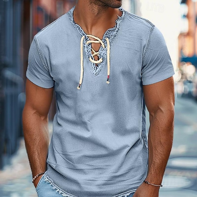  camisa de hombre camisa de verano camisa vaquera camisa de cambray azul marino oscuro azul marino azul claro manga corta estampados gráficos cuello alto casual diario cordón ropa moda casual