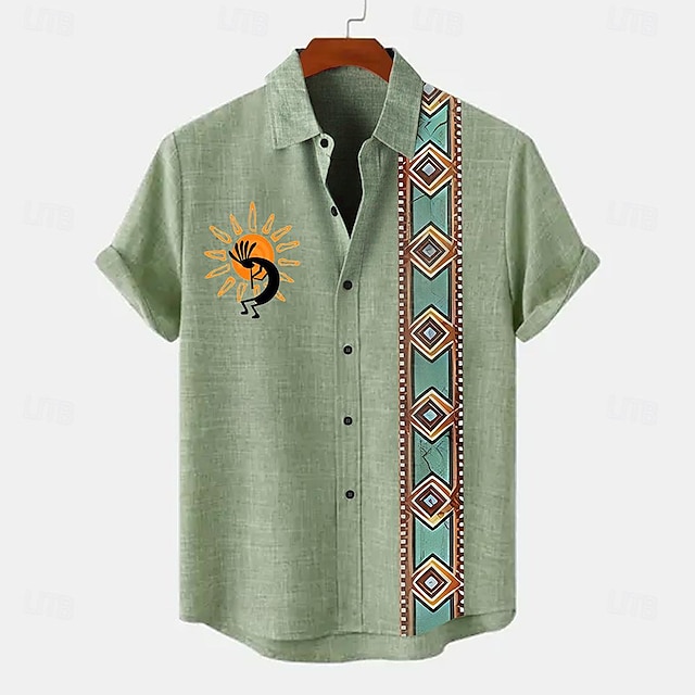  男性用 リネン 20% シャツ 半袖 折襟 グリーン, カーキ色, ベージュ シャツ 日常