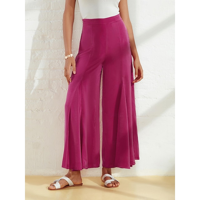  kvinners brede ben bukser burgunder sateng lomme casual elegante loose fit bukser våren sommer