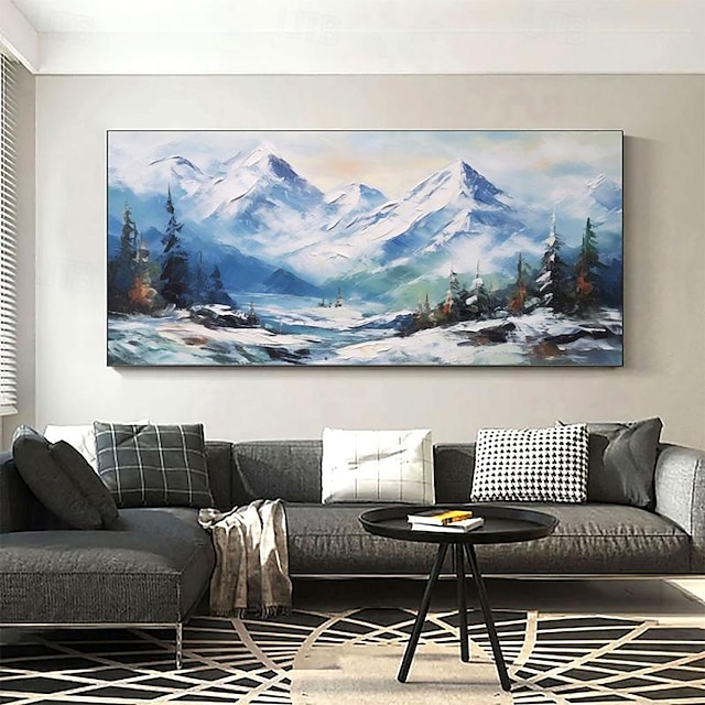  hegyi fal dekoráció téli hó panoráma olajvászon festmény kézzel készített táj házavató ajándék családi lakberendezés (keret nélkül)