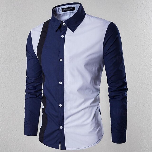  Men's Shirt Summer Shirt Casual Shirt Collared Shirt Button Up Shirt Black Wine Navy Blue Blue Long Sleeve Color Block Lapel Vacation Holiday Patchwork Clothing Apparel Polyester Fashion Casual