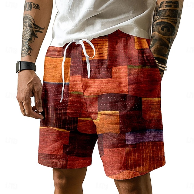  Short de bain hawaïen pour hommes, bloc de couleurs, maillot de bain, cordon de serrage avec doublure en maille, taille élastique, tenue décontracté
