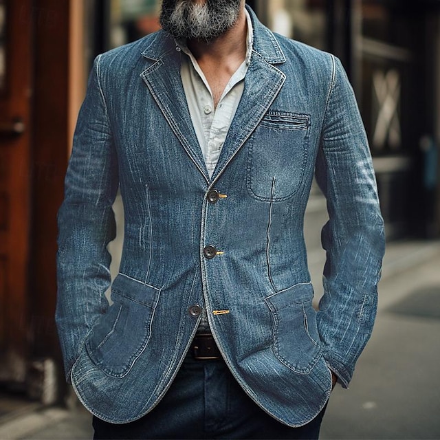 Men's Blazer Denim Jacket Business Daily Wear Pocket Spring Fall Plain Fashion Streetwear Lapel Regular Denim Dark Blue Light Blue Jacket