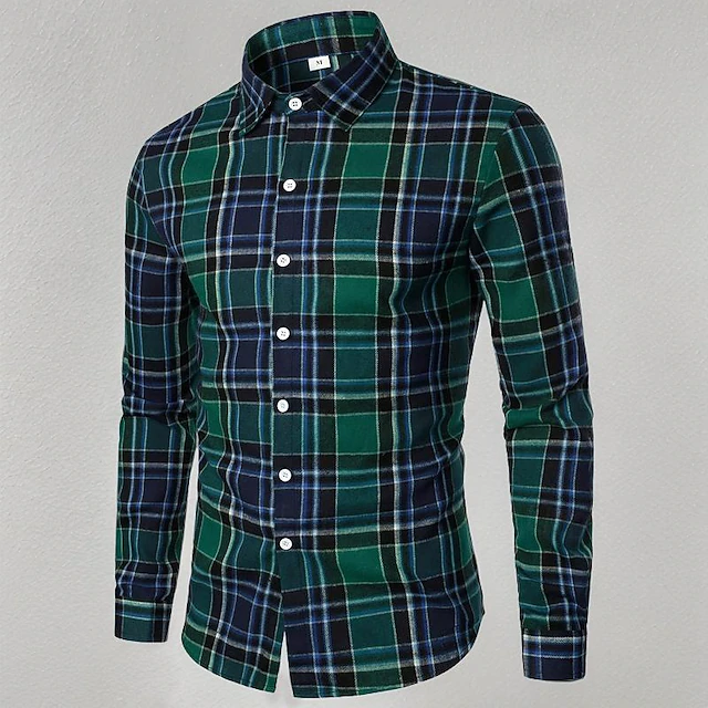 Men's Shirt Dress Shirt Button Up Shirt Plaid Wedding Party Light Yellow Black Red Green Long Sleeve Lapel Spring & Fall Clothing Apparel 13