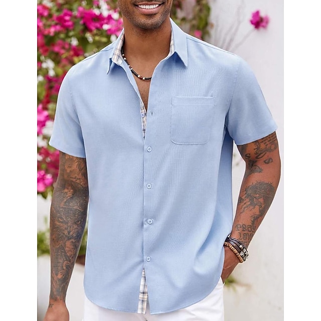 Hombre Camisa camisa de lino Camisa de verano Camisa de playa Negro Azul Piscina Verde Trébol Manga Corta Plano Cuello Verano Primavera Casual Diario Ropa