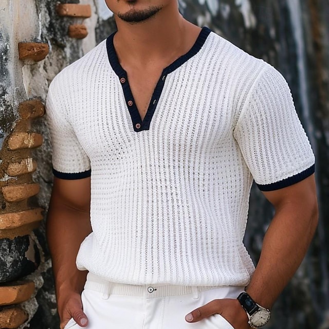  Hombre Camisa henley gofrada Camiseta superior Color sólido Henley Exterior Casual Manga Corta Botón Ropa Moda Design Cómodo
