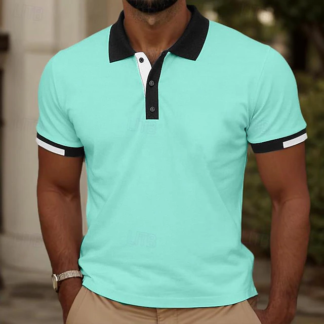 Men's Polo Golf Shirt Business Casual Ribbed Polo Collar Short Sleeve Fashion Solid Color Button Pocket Summer Spring Regular Fit Black White Red Sky Blue Mint Green Polo 16