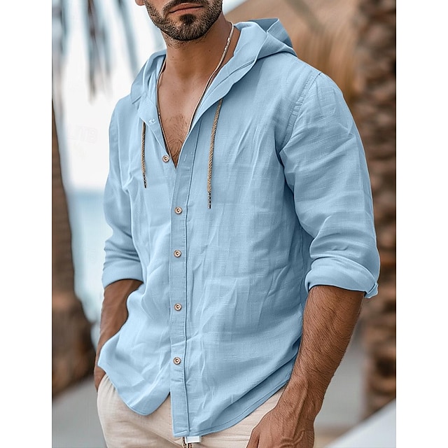  Homens Camisa Social camisa de linho Preto Branco Azul Manga Longa Tecido Com Capuz Primavera Verão Casual Diário Roupa Botão
