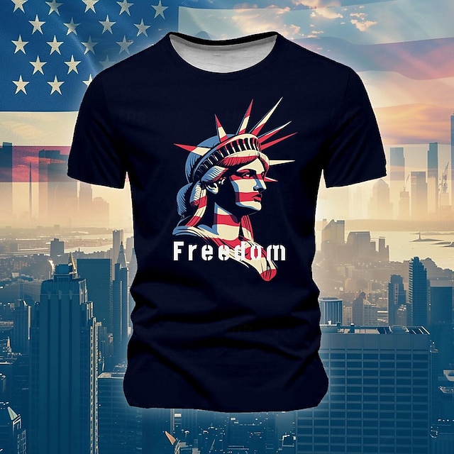  Independence Day Flag American US Flag Statue Of Liberty Freedom Daily Designer 1950s Men's 3D Print T shirt Tee Daily Holiday American T shirt Black Short Sleeve Crew Neck Shirt