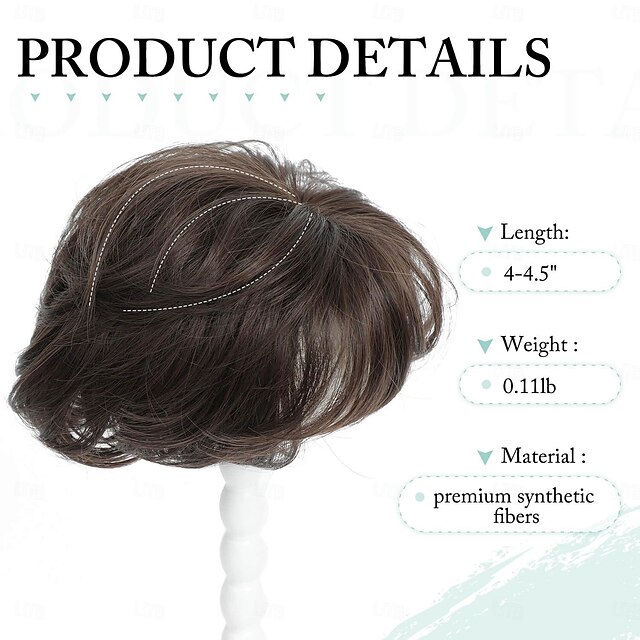 Haarteil, 17,3 x 17,8 cm, Pixie-Schnitt, kurze Haarteile für Frauen, flauschiges synthetisches Haarteil zum Anklipsen, gewellte Haarteile, naturbraune Ersatzperücken