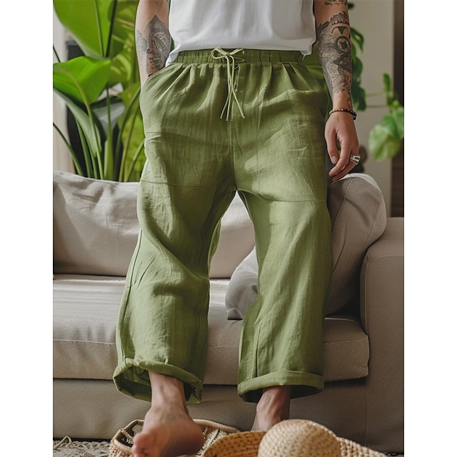  Men's Linen Pants Trousers Summer Pants Pocket Drawstring Elastic Waist Solid Color Comfort Breathable Full Length Outdoor Home Vacation Fashion Green Khaki Inelastic