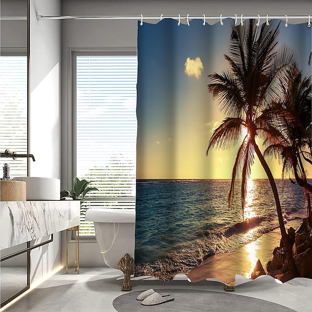  Rideau de douche imprimé paysage de cocotier, eau de mer, plage, avec crochet, moderne, en polyester usiné, étanche, pour salle de bain