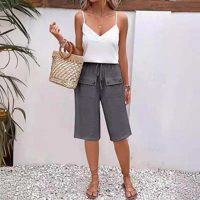 Women's Cotton Linen Shorts Shorts Casual Daily Knee Length Plain Pocket Drawstring Breathability Comfortable Inelastic Weekend Black Navy Blue Blue Beige Summer Regular Fit 8