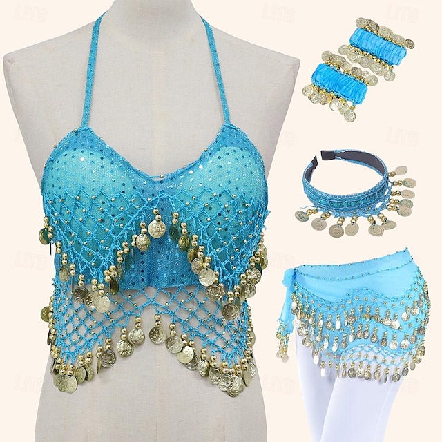  Belly Dance Halter Top Copper Coin Hip Scarf Skirts Bracelets Headwear Matching 5 PCS Pure Color Splicing Women's Performance Training