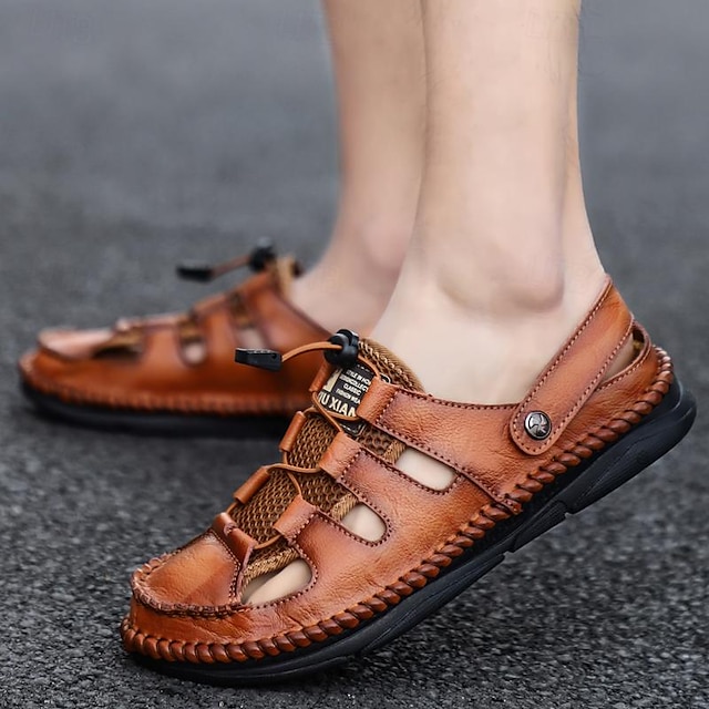  Men's PU Leather Sandals Handmade Shoes Comfort Shoes Walking Casual Beach Vacation Mesh Breathable Slip Resistant Elastic Band Slip On Shoes Black Brown Khaki Summer Fall