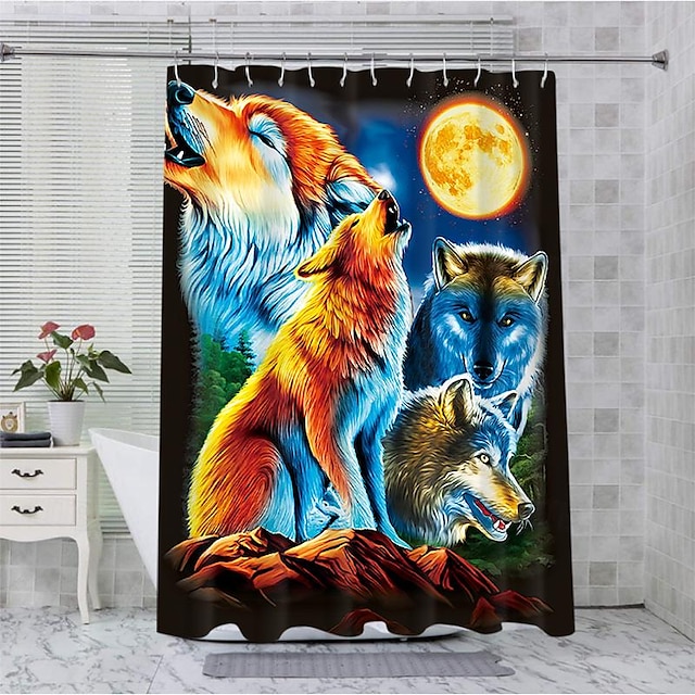  Wolf im Mondlicht, Badezimmerdeko-Duschvorhang mit Haken, Badezimmerdeko, wasserdichtes Duschvorhangset aus Stoff mit 12 Kunststoffhaken