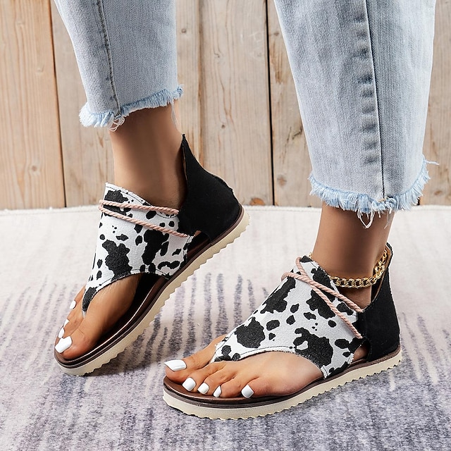  Women's Sandals Flats Lace Up Sandals Strappy Sandals Comfort Shoes Daily Beach Floral Leopard Zipper Lace-up Flat Heel Round Toe Vacation Casual PU Zipper Dark Brown Black Blue