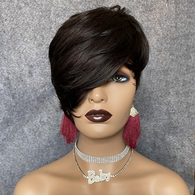  Bob Wig Human Hair Short Pixie Cut Wigs for Black Women Human Hair Wig with Bangs Glueless Layered Wig None Lace Front Wig Full Machine Made Wig 1B Color