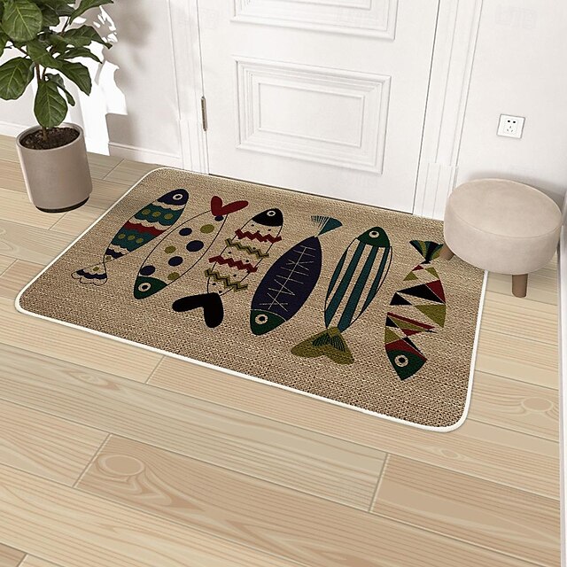  Summer Fishes Door Mat Kitchen Floor Mats Non Slip Washable, Absorbent Indoor Doormat Soft Linen Entrance Rug Dirt Trapper for Kitchen/Dining Room/Bedroom