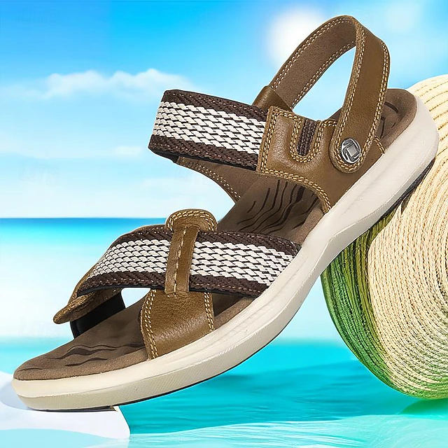 Men's Sandals Sporty Sandals Leather Italian Full-Grain Cowhide Breathable Comfortable Slip Resistant Loafer Buckle Black Brown Khaki 12