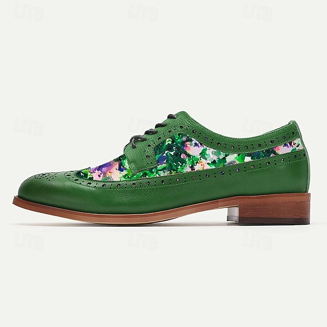  Zapatos de vestir para hombre, verdes, florales, coloridos, estampados de flores, cuero brogue, piel de vaca italiana de plena flor, antideslizantes, con cordones