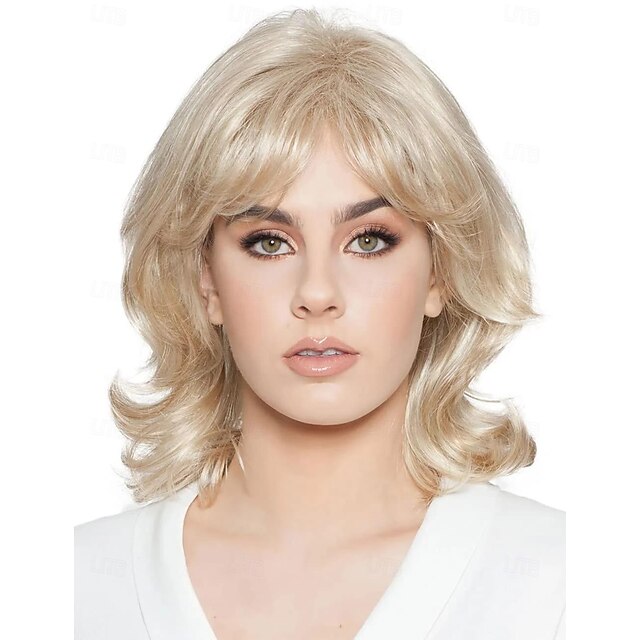  Wig Natural Wave Asymmetrical With Bangs Wig Short Golden Blonde Synthetic Hair Women's Classic Blonde Blonde 16 Inches Blonde Curly Wigs for White Women Medium Length Wig