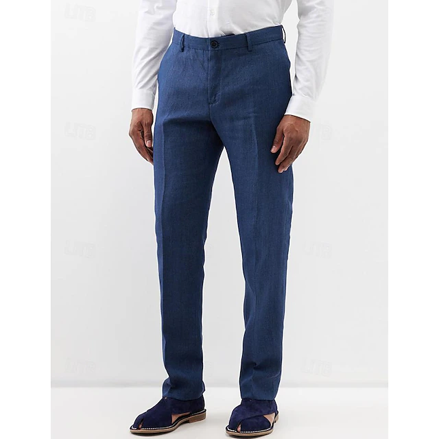 Men's Linen Pants Trousers Summer Pants Beach Pants Straight Leg Plain Comfort Outdoor Casual Daily Streetwear Stylish White Navy Blue 7