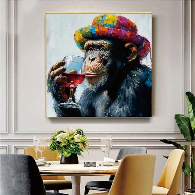  Pintura al óleo de animal mono pintada a mano, lienzo texturizado hecho a mano, arte animal de mono, pintura hecha a mano, pintura moderna para decoración de pared de sala de estar