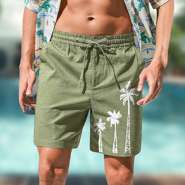  kokospalm heren katoenen linnen shorts zomer Hawaiiaanse shorts strandshorts print trekkoord elastische taille ademend zacht 20% linnen shorts casual dagelijks vakantie streetwear