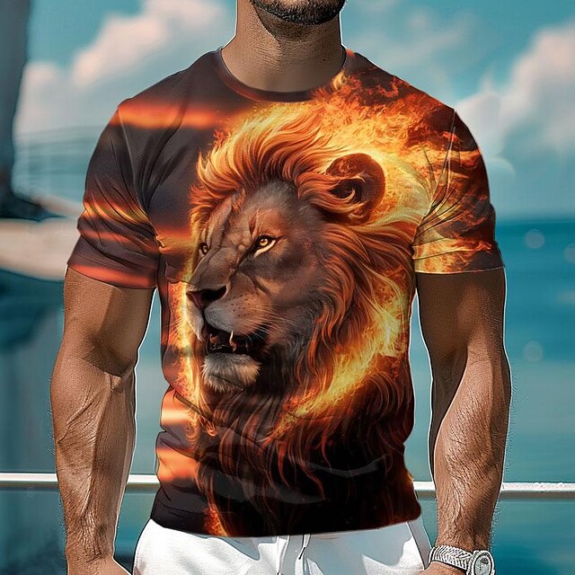 Men's Graphic Animal Lion T Shirt Short Sleeve T shirt 3D Print Crew Neck Shirt Retro Vintage Casual Street Style Sports Outdoor Holiday Going out Orange Spring & Summer Clothing Apparel S M L XL 2XL4