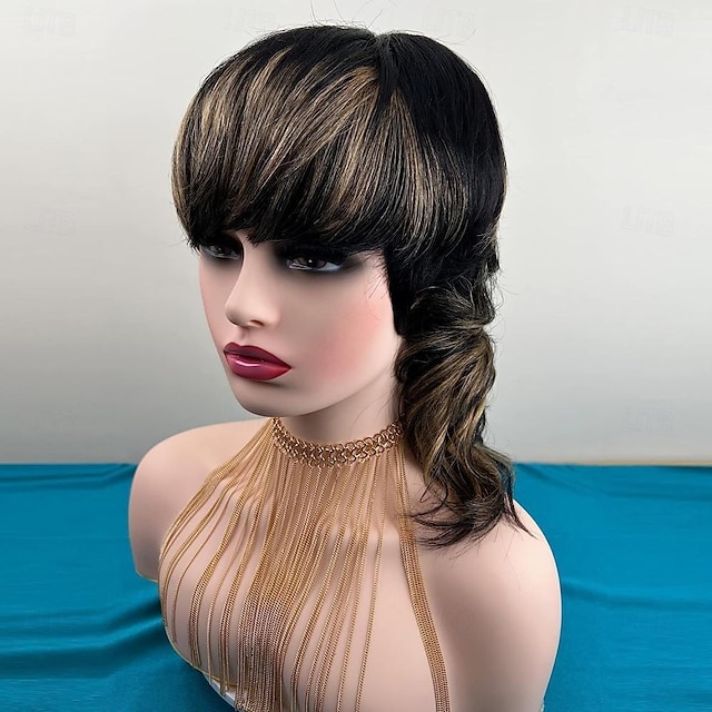  Perucas curtas de corte pixie para mulheres negras peruca completa feita à máquina com franja em cauda de andorinha destaque reto cabelo humano real