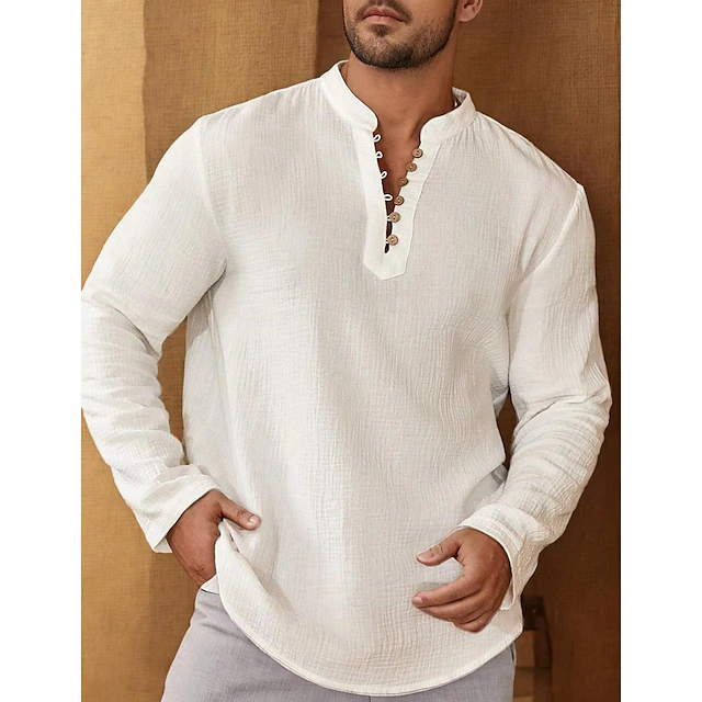 Men's Shirt Summer Shirt Beach Wear Casual Shirt Band Collar Shirt Button Up Shirt Black White Blue Long Sleeve Plain Band Collar Vacation Daily Splice Clothing Apparel Cotton Cotton Blend Fashion 8