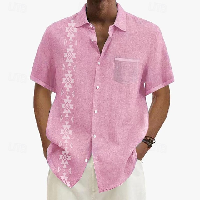  Casual Men's Printed Shirts Holiday Daily Wear Vacation Summer Turndown Short Sleeves Pink S, M, L Polyester Shirt