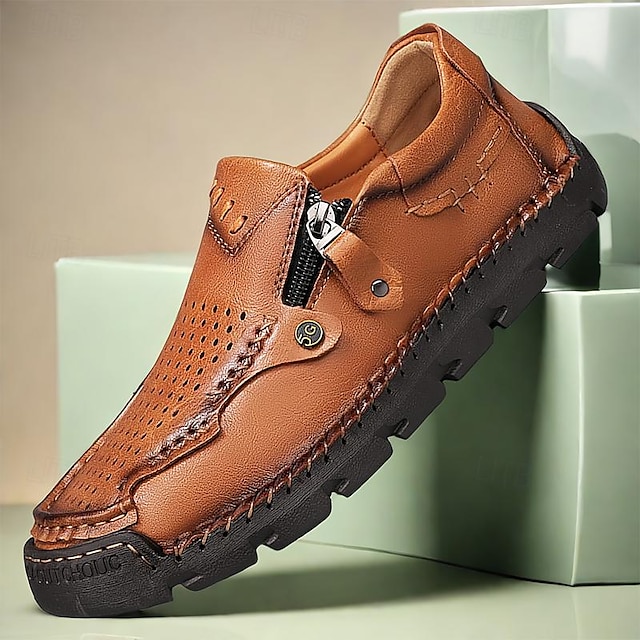  Herren Vintage Loafer aus braunem Leder mit perforiertem Design und Reißverschluss