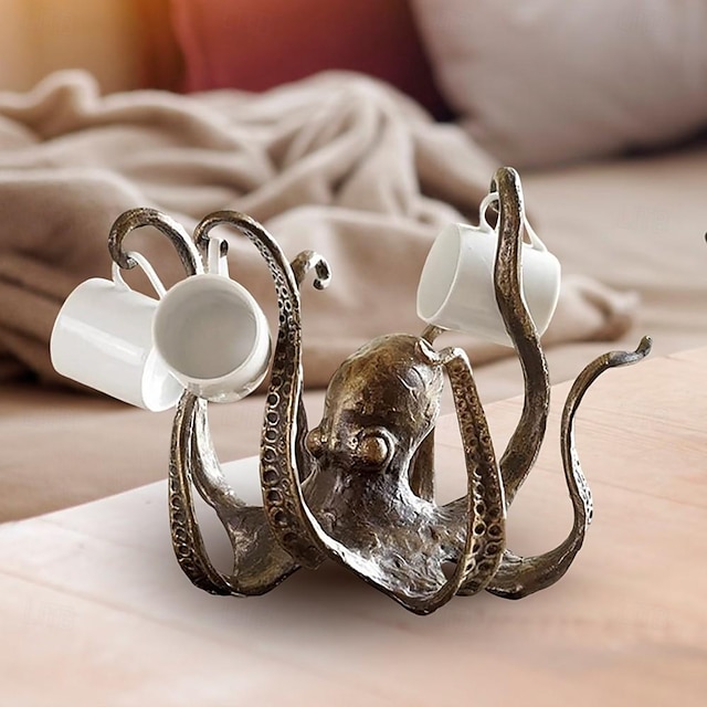  מחזיק כוסות קפה תמנון ייחודי - פסל שולחן תמנון שרף בסגנון וינטג', עיצוב עמיד ומושך את העין למטבח ולחדר אוכל