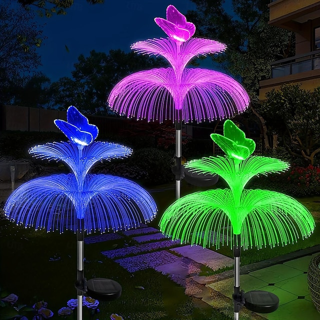  2ks solární zahradní světla, vodotěsná nejnovější solární venkovní světla dekorativní, 7 barev měnící dvojité medúzy a motýly solární květinová světla pro vánoční bazén venkovní zahradní dekorace
