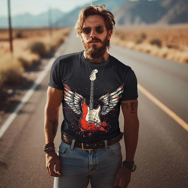 Men's Guitar Shirt T Shirt Short Sleeve T shirt 3D Print Crew Neck Shirt Vacation Retro Vintage Street Daily Black 1 Black White Summer Spring Clothing Apparel S M L XL XXL XXXL 7