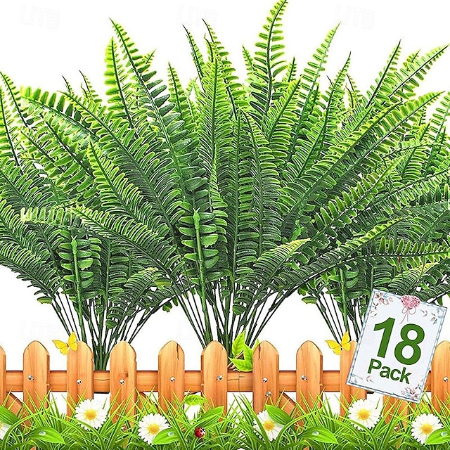  18 pachete de ferigă artificială de boston, flori artificiale realiste, plantă iarbă persană cu șapte frunze, ferigă de boston, decor perfect pentru interior și exterior.
