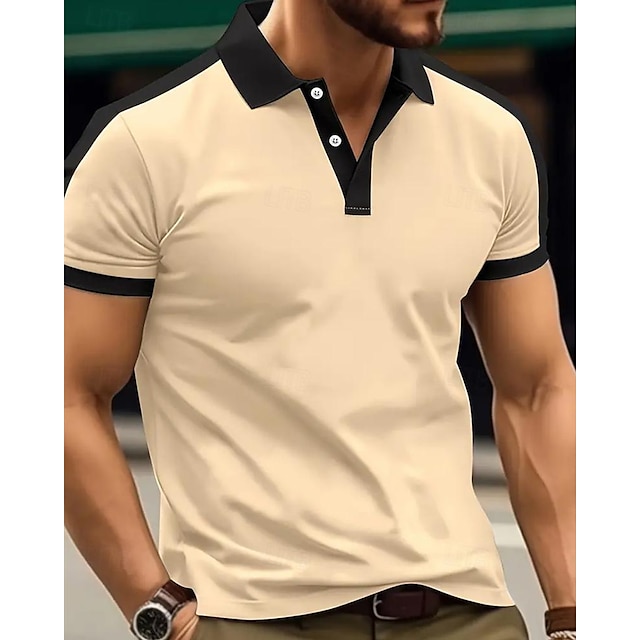  Men's Golf Shirt Golf Polo Work Casual Lapel Short Sleeve Basic Modern Color Block Patchwork Button Spring & Summer Regular Fit Wine Navy Blue sky blue Gold Beige Coffee Golf Shirt